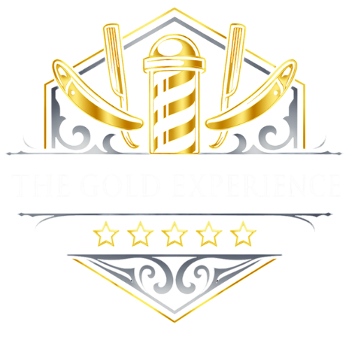 Barbershop logo with striped pole, scissors, and five-star rating